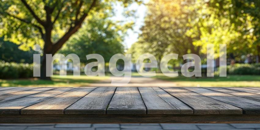 A weathered wooden table sits invitingly in the foreground of a sun-dappled park, with lush greenery and a winding path beckoning visitors to explore and enjoy the beauty of nature