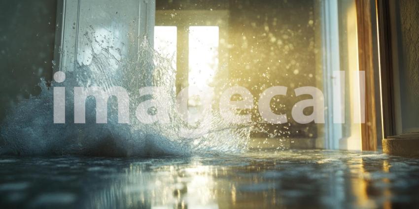 Water erupts in a dynamic explosion, sending a shower of droplets cascading through the air, capturing the raw power and unpredictable nature of the natural world