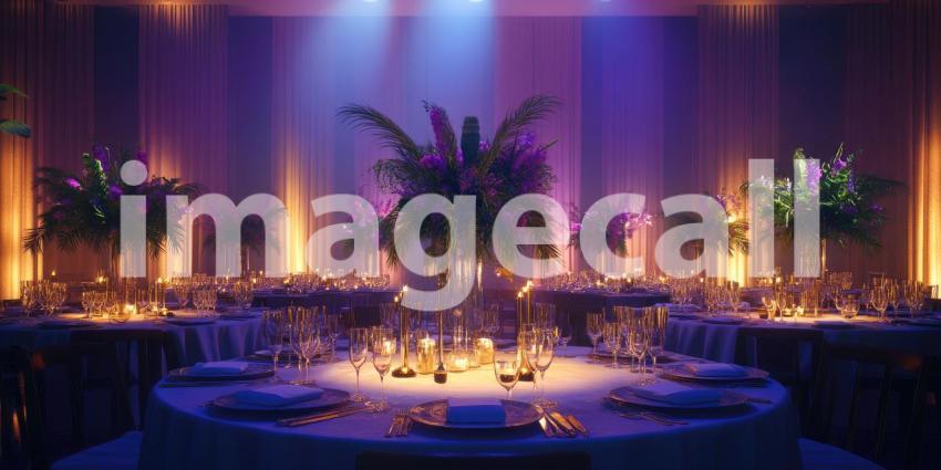 Elegant Dining Table Setup in Modern Event Space: Neatly Arranged Wine Glasses, Plates, Napkins, Cutlery, Candles, and Floral Centerpiece