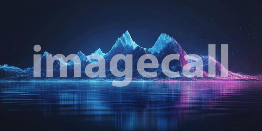 A breathtaking panorama of a moonlit landscape, where snow-capped mountains rise majestically above a tranquil lake