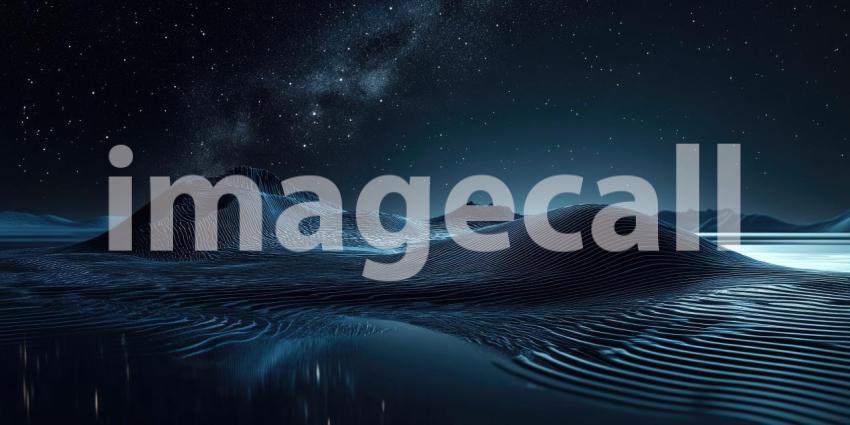 A breathtaking panorama of a moonlit landscape, where snow-capped mountains rise majestically above a tranquil lake