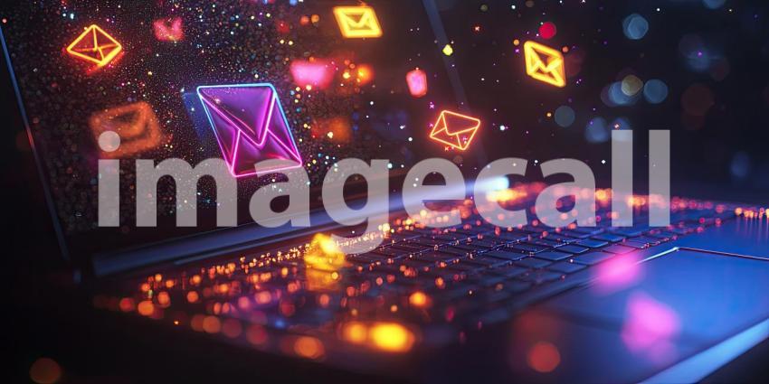 A laptop screen is awash with a flurry of colorful email icons, symbolizing the rapid flow of information and the constant connectivity of the digital age