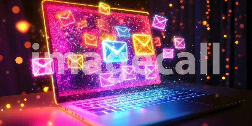 A laptop screen is awash with a flurry of colorful email icons, symbolizing the rapid flow of information and the constant connectivity of the digital age