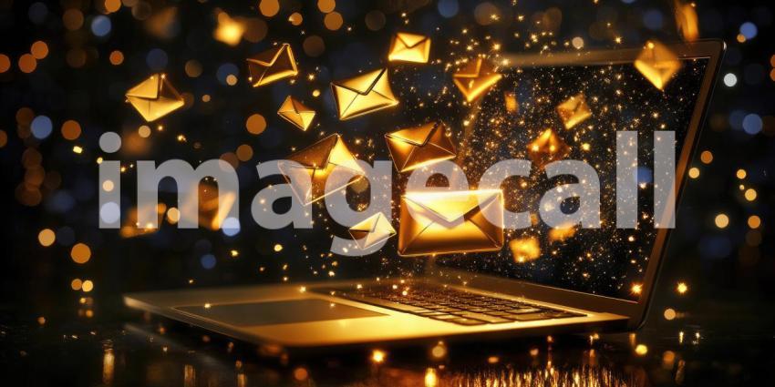 A laptop screen is awash with a flurry of colorful email icons, symbolizing the rapid flow of information and the constant connectivity of the digital age