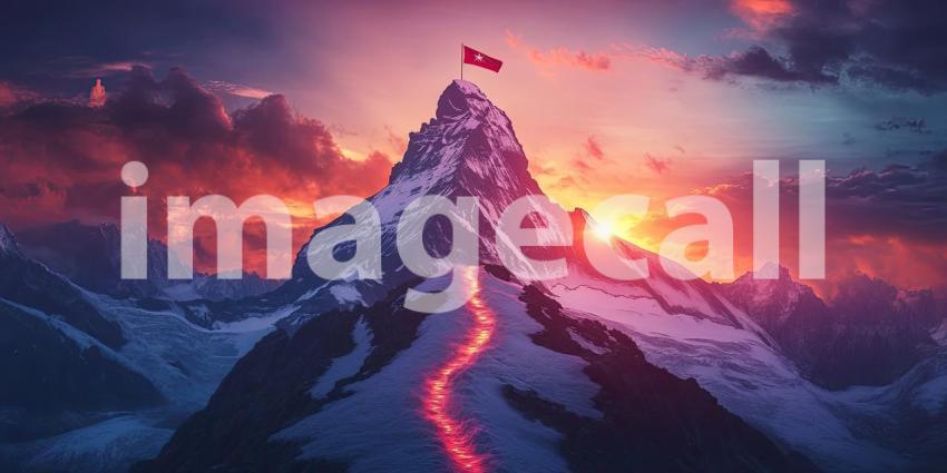 Reaching for the Summit: A winding path, illuminated by a fiery glow, leads to a peak crowned by a fluttering flag