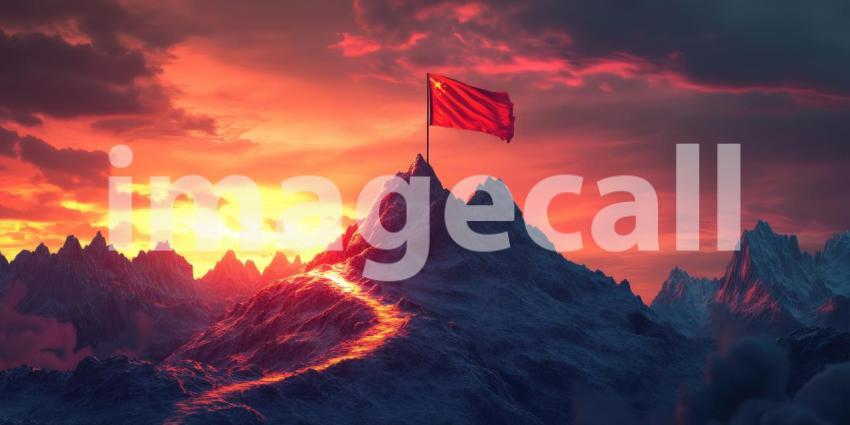 Reaching for the Summit: A winding path, illuminated by a fiery glow, leads to a peak crowned by a fluttering flag