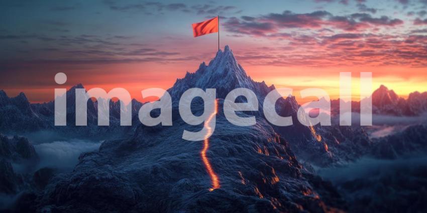 Reaching for the Summit: A winding path, illuminated by a fiery glow, leads to a peak crowned by a fluttering flag