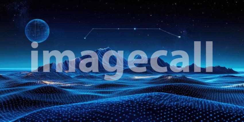 A breathtaking panorama of a moonlit landscape, where snow-capped mountains rise majestically above a tranquil lake