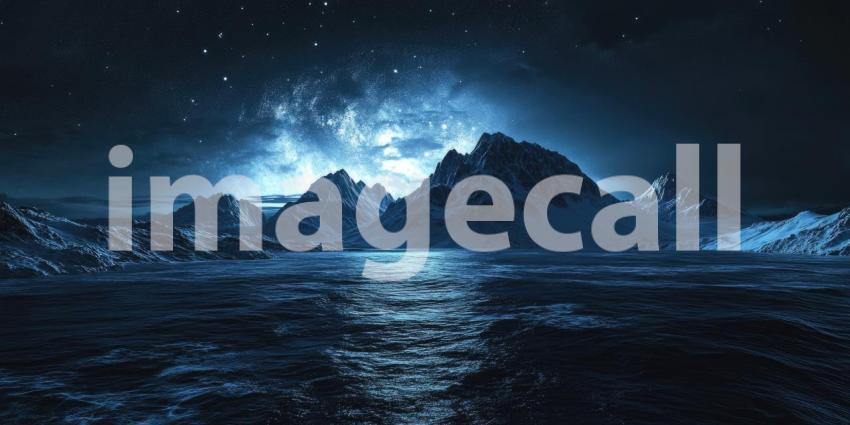 A breathtaking panorama of a moonlit landscape, where snow-capped mountains rise majestically above a tranquil lake