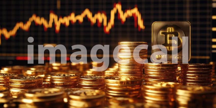 Stacks of gleaming Bitcoin coins rest atop a dynamic chart, symbolizing the volatile yet alluring world of cryptocurrency and the pursuit of digital wealth