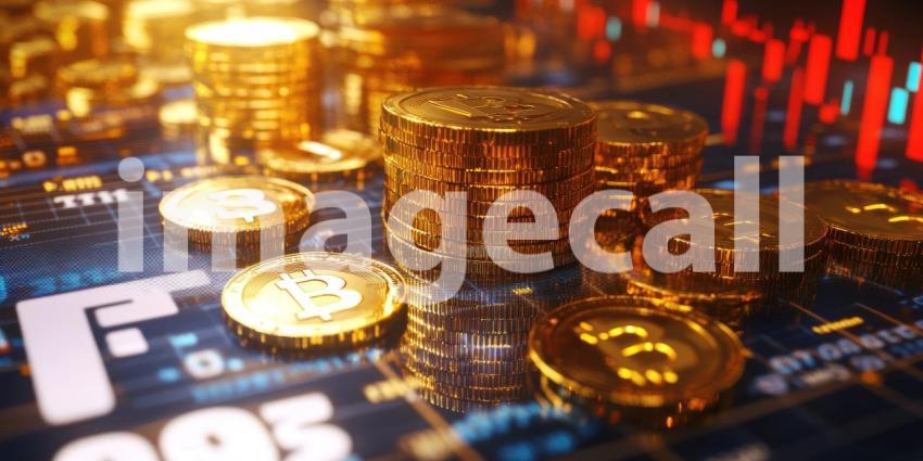 Stacks of gleaming Bitcoin coins rest atop a dynamic chart, symbolizing the volatile yet alluring world of cryptocurrency and the pursuit of digital wealth