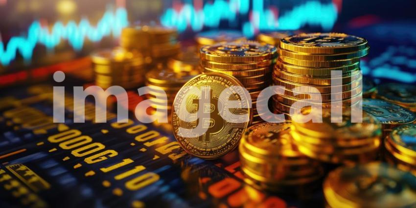 Stacks of gleaming Bitcoin coins rest atop a dynamic chart, symbolizing the volatile yet alluring world of cryptocurrency and the pursuit of digital wealth