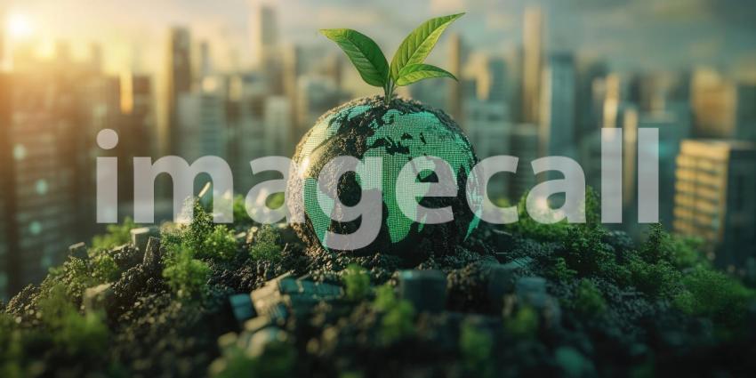 A futuristic cityscape emerges from a lush canopy of trees, showcasing a vision of sustainable urban living where nature and technology coexist in harmony