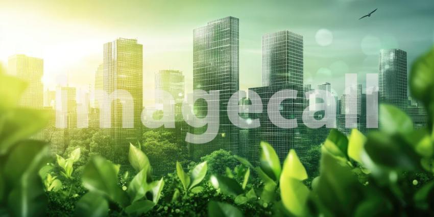 A vibrant city skyline emerges through a frame of lush greenery, capturing the beauty of nature thriving amidst the urban landscape