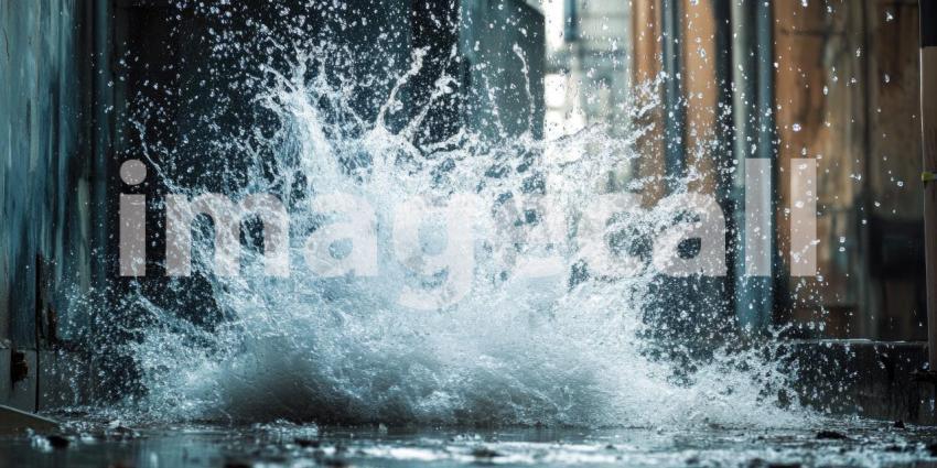 Water erupts in a dynamic explosion, sending a shower of droplets cascading through the air, capturing the raw power and unpredictable nature of the natural world