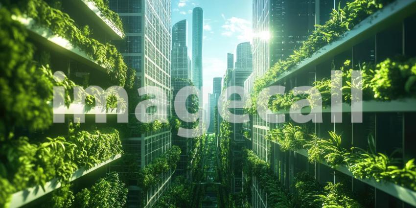 A futuristic cityscape emerges from a lush canopy of trees, showcasing a vision of sustainable urban living where nature and technology coexist in harmony