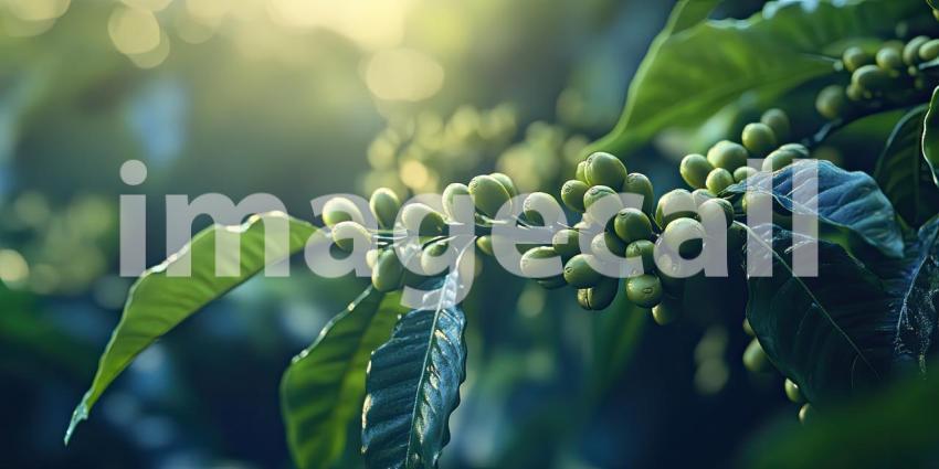 A branch laden with unripe coffee beans, bathed in the warm glow of the morning sun, hints at the rich flavors and aromatic delights that await in the final cup