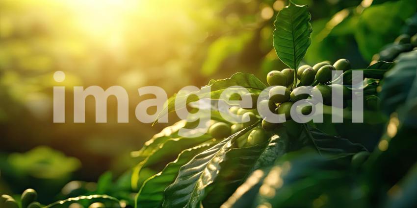 A branch laden with unripe coffee beans, bathed in the warm glow of the morning sun, hints at the rich flavors and aromatic delights that await in the final cup