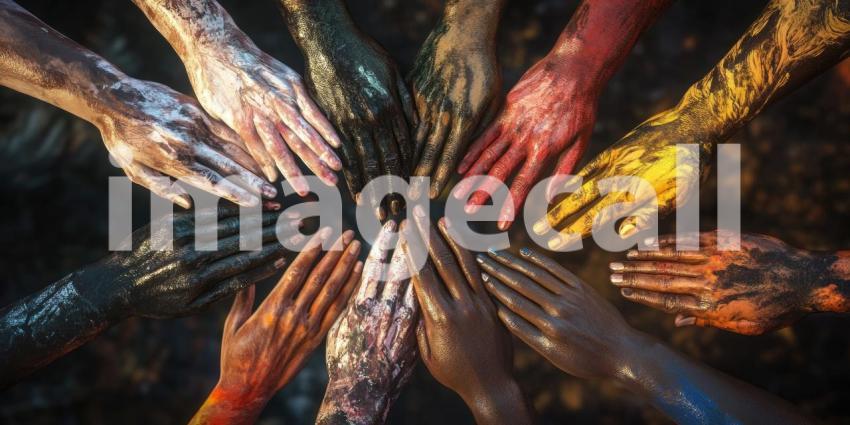 A vibrant tapestry of hands, painted in a spectrum of colors, reaching towards a central point, symbolizes the power of collective action and the beauty of human diversity