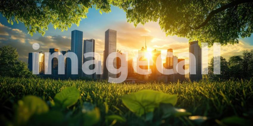 A vibrant city skyline emerges through a frame of lush greenery, capturing the beauty of nature thriving amidst the urban landscape