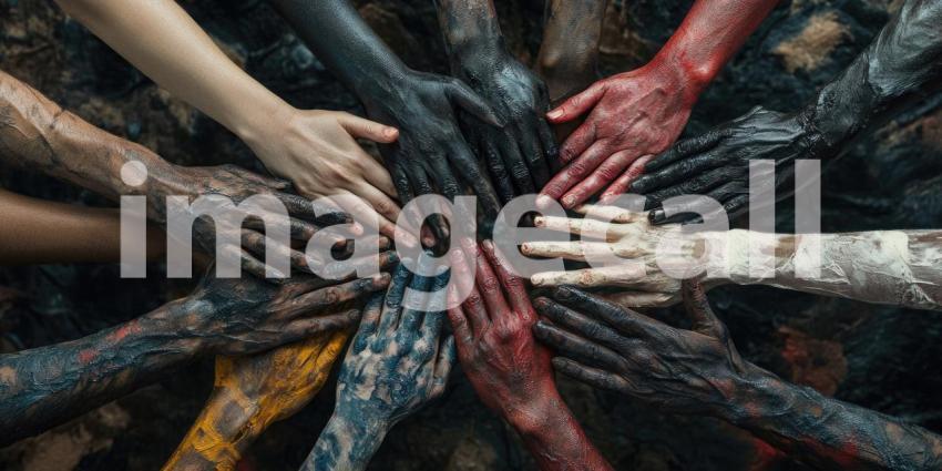 A vibrant tapestry of hands, painted in a spectrum of colors, reaching towards a central point, symbolizes the power of collective action and the beauty of human diversity