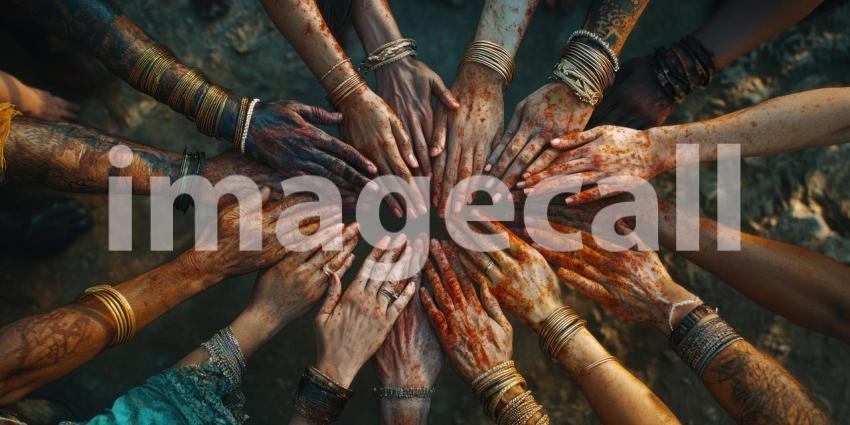 A vibrant tapestry of hands, painted in a spectrum of colors, reaching towards a central point, symbolizes the power of collective action and the beauty of human diversity