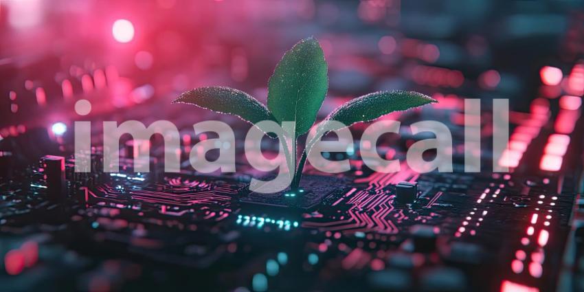 A vibrant green sprout emerges from a futuristic circuit board, symbolizing the symbiotic relationship between nature and technology and the potential for sustainable innovation