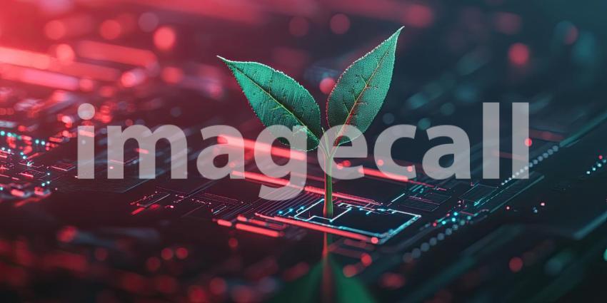A vibrant green sprout emerges from a futuristic circuit board, symbolizing the symbiotic relationship between nature and technology and the potential for sustainable innovation