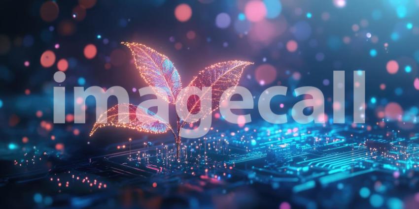 A vibrant green sprout emerges from a futuristic circuit board, symbolizing the symbiotic relationship between nature and technology and the potential for sustainable innovation