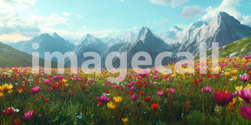 A breathtaking vista of a vibrant alpine meadow, carpeted with a kaleidoscope of wildflowers, stretches towards a backdrop of snow-capped mountains under a bright summer sky
