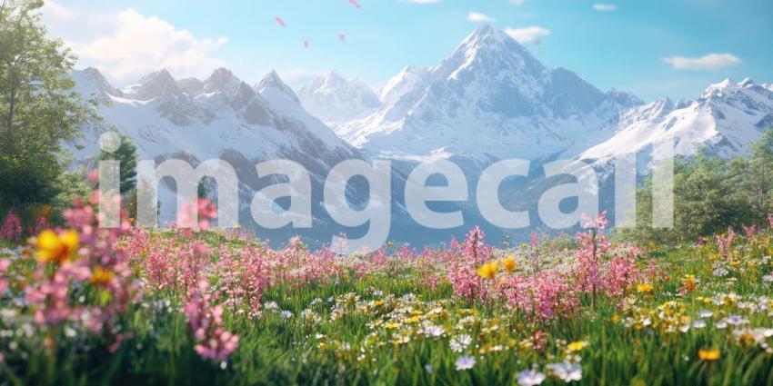 A breathtaking vista of a vibrant alpine meadow, carpeted with a kaleidoscope of wildflowers, stretches towards a backdrop of snow-capped mountains under a bright summer sky