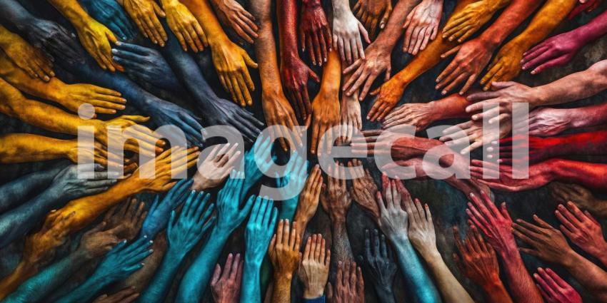 A vibrant tapestry of hands, painted in a spectrum of colors, reaching towards a central point, symbolizes the power of collective action and the beauty of human diversity