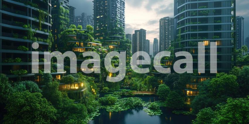 A vibrant city skyline emerges through a frame of lush greenery, capturing the beauty of nature thriving amidst the urban landscape