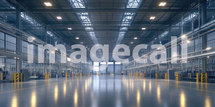 A futuristic industrial space bathed in a mesmerizing interplay of neon lights, where metallic structures and reflective surfaces create a mesmerizing and otherworldly atmosphere