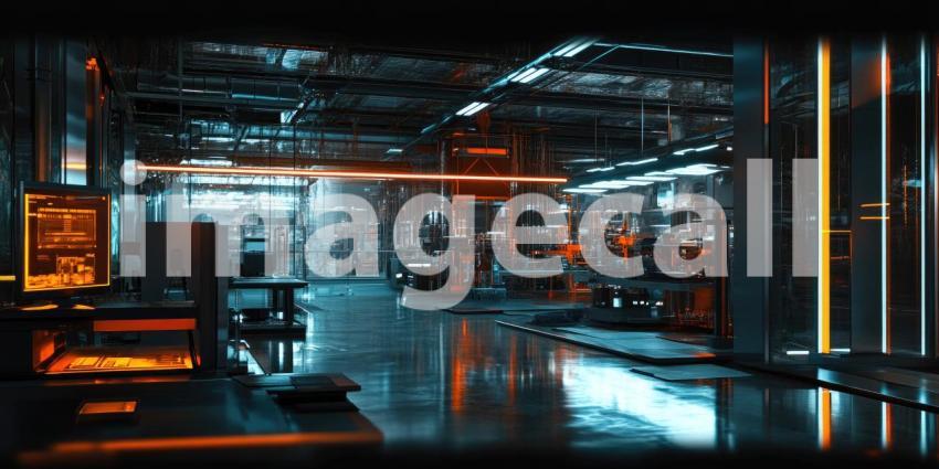 A futuristic industrial space bathed in a mesmerizing interplay of neon lights, where metallic structures and reflective surfaces create a mesmerizing and otherworldly atmosphere