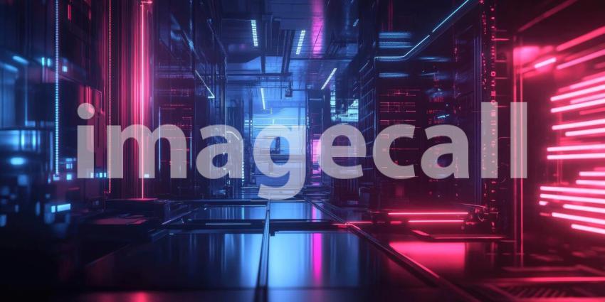 A futuristic industrial space bathed in a mesmerizing interplay of neon lights, where metallic structures and reflective surfaces create a mesmerizing and otherworldly atmosphere