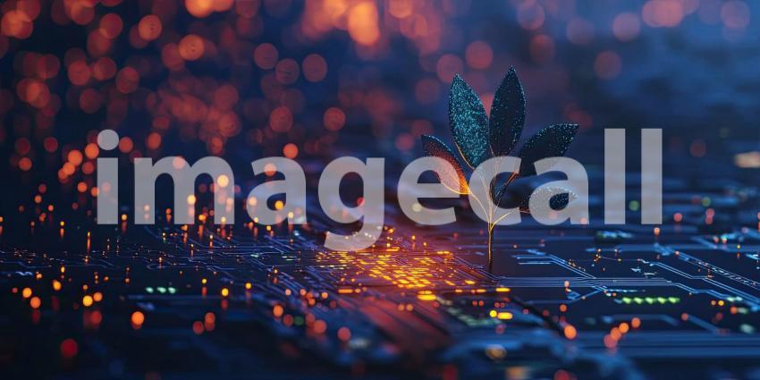 A vibrant green sprout emerges from a futuristic circuit board, symbolizing the symbiotic relationship between nature and technology and the potential for sustainable innovation