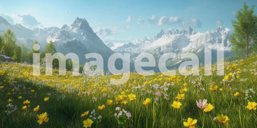 A breathtaking vista of a vibrant alpine meadow, carpeted with a kaleidoscope of wildflowers, stretches towards a backdrop of snow-capped mountains under a bright summer sky