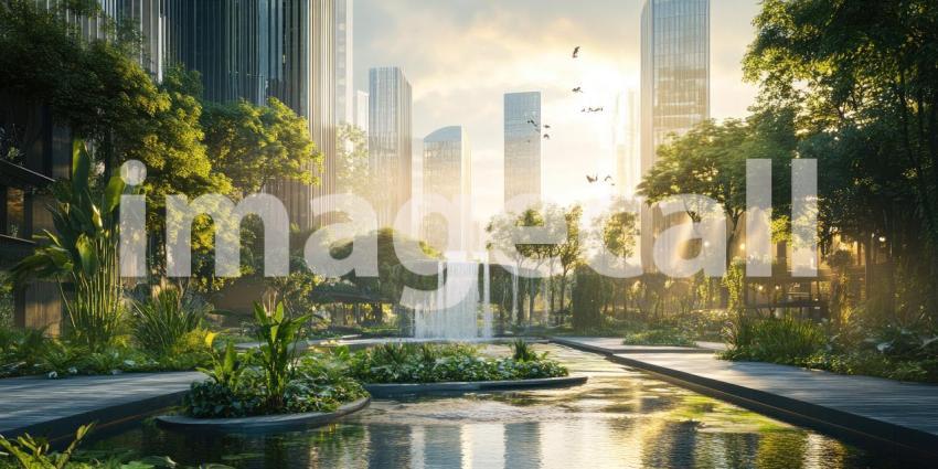 A vibrant city skyline emerges through a frame of lush greenery, capturing the beauty of nature thriving amidst the urban landscape