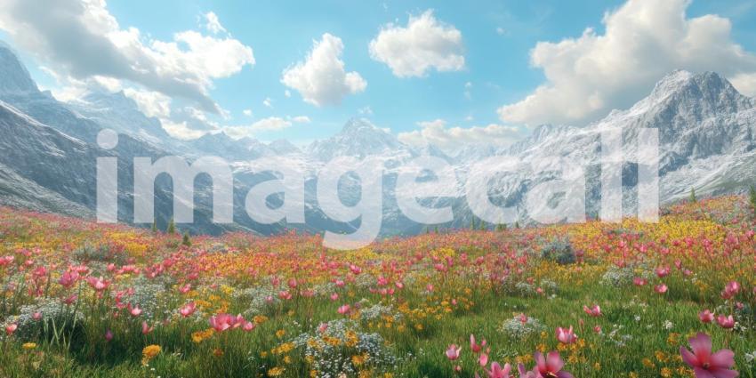 A breathtaking vista of a vibrant alpine meadow, carpeted with a kaleidoscope of wildflowers, stretches towards a backdrop of snow-capped mountains under a bright summer sky