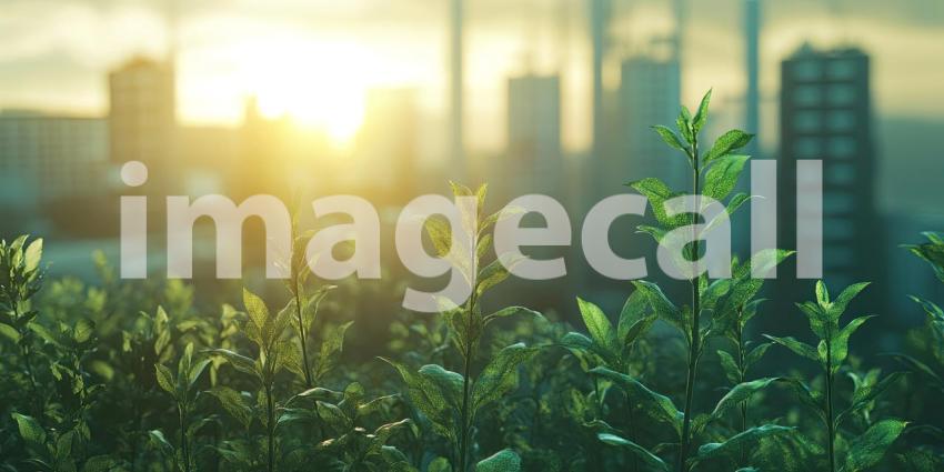 A vibrant metropolis awakens under the golden rays of the rising sun, its towering skyscrapers surrounded by a lush canopy of trees, showcasing the harmonious coexistence of urban life and nature