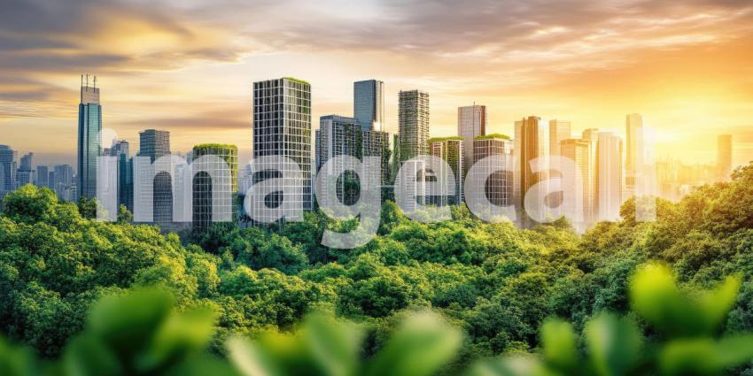 A futuristic cityscape emerges from a lush canopy of trees, showcasing a vision of sustainable urban living where nature and technology coexist in harmony