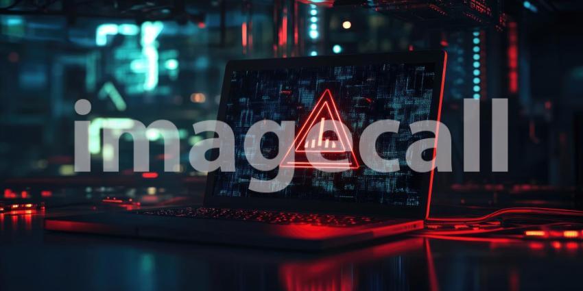 A laptop screen glows with an ominous red warning sign, casting a stark shadow in a dimly lit room, serving as a stark reminder of the ever-present threat of cyberattacks in our increasingly connected world