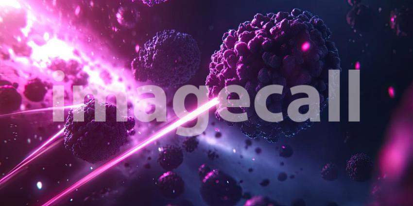 Two celestial bodies, illuminated by intersecting beams of light, engage in a cosmic dance, their surfaces crackling with energy and hinting at the vast and dynamic forces of the universe