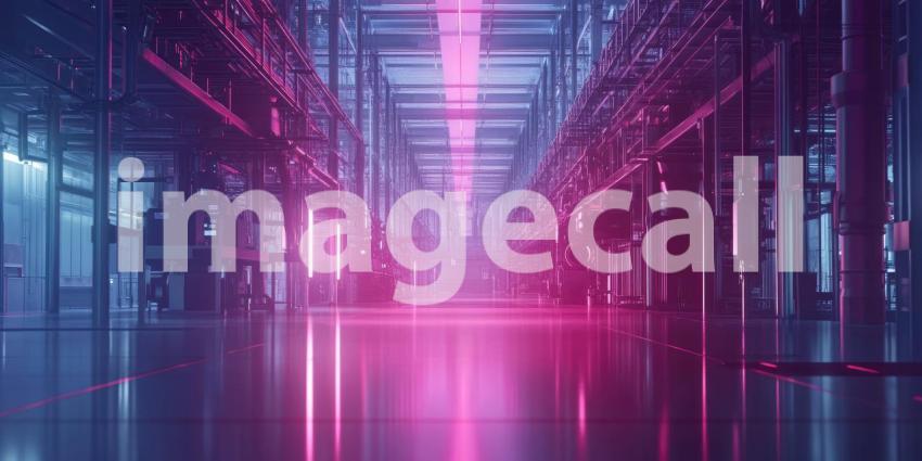 A futuristic industrial space bathed in a mesmerizing interplay of neon lights, where metallic structures and reflective surfaces create a mesmerizing and otherworldly atmosphere