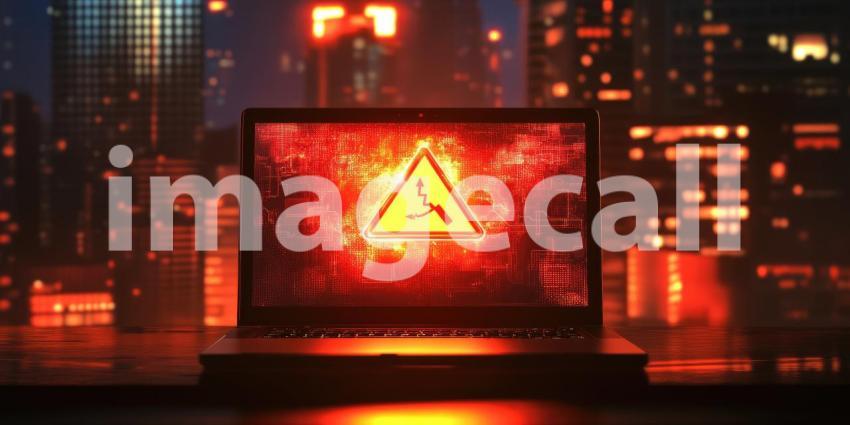 A laptop screen glows with an ominous red warning sign, casting a stark shadow in a dimly lit room, serving as a stark reminder of the ever-present threat of cyberattacks in our increasingly connected world