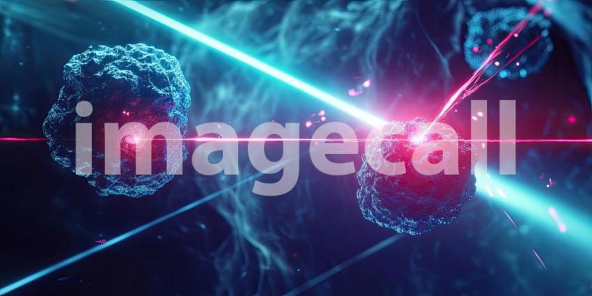 Two celestial bodies, illuminated by intersecting beams of light, engage in a cosmic dance, their surfaces crackling with energy and hinting at the vast and dynamic forces of the universe