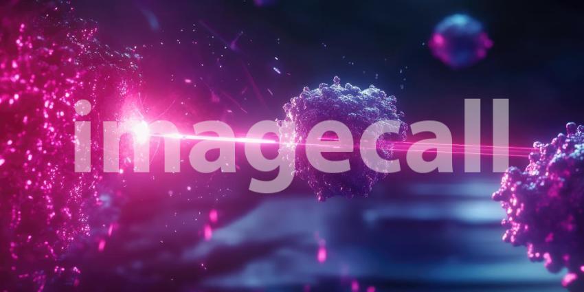 Two celestial bodies, illuminated by intersecting beams of light, engage in a cosmic dance, their surfaces crackling with energy and hinting at the vast and dynamic forces of the universe