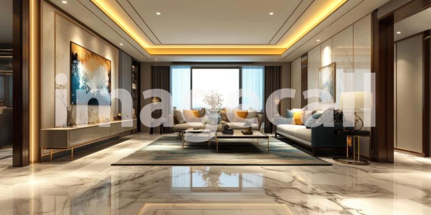 This contemporary living room exudes elegance with its sleek design, rich textures, and a harmonious blend of neutral and vibrant colors