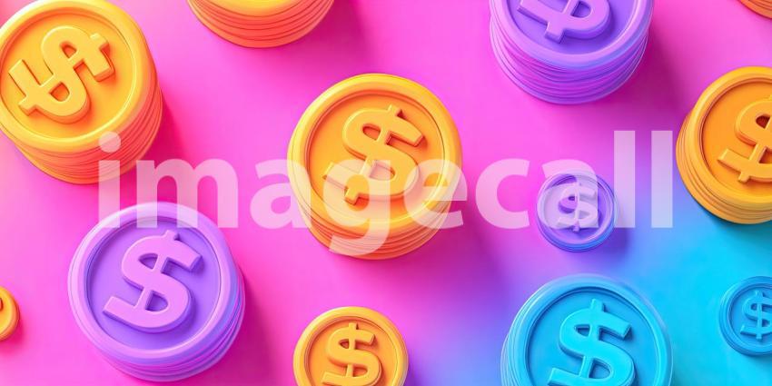 A vibrant array of colorful coins, adorned with dollar signs, creates a playful and eye-catching visual representation of wealth and prosperity